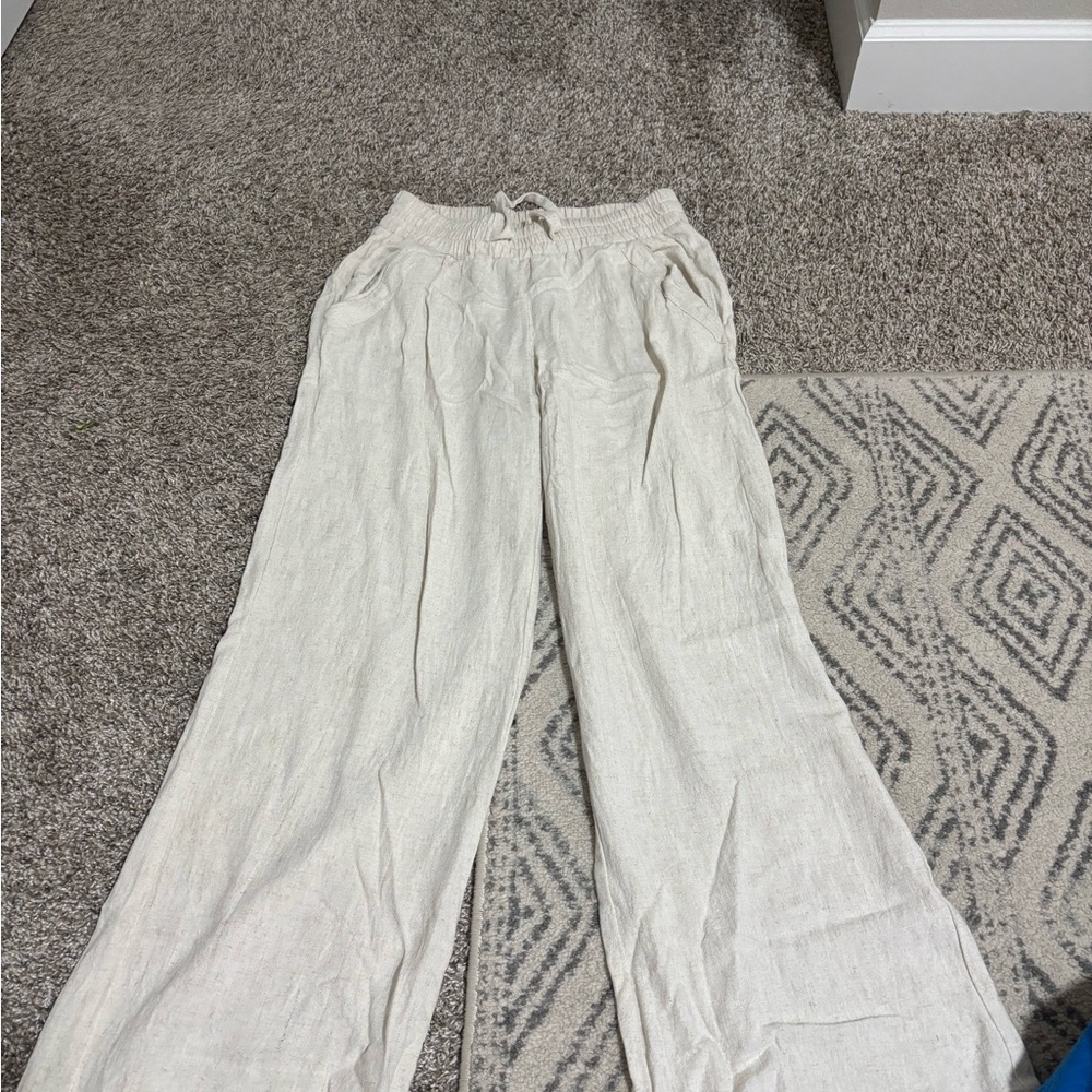 Cream Linen Wide-Leg Pants